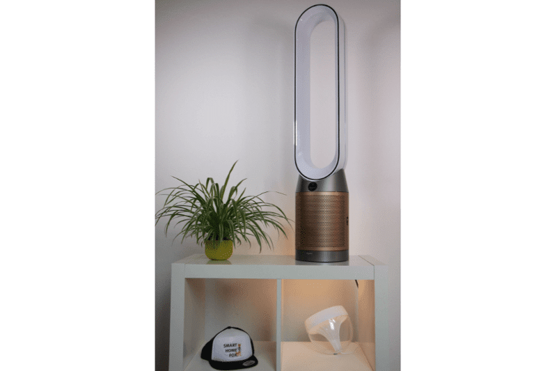 Der Dyson Purifier Cool Formaldehyd Luftreiniger und Turmventilator steht auf einem Regal neben einer Pflanze